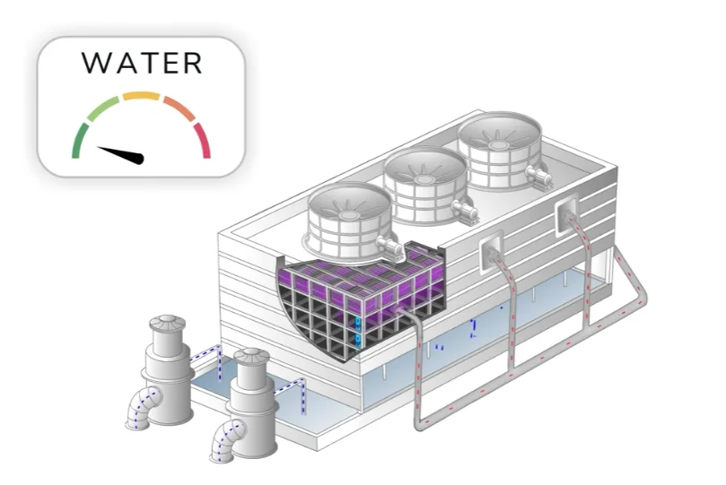 Render of the Aqua recovery module: a circular collector mesh array mounted above a cooling tower fan stack.